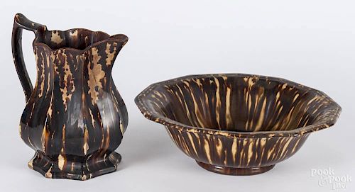 Bennington pottery flint enamel pitcher and basin, mid 19th c., by Lyman, Fenton & Co.