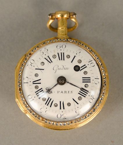 French Gudin open face gold plated pocket watch, having white enameled dial with Roman numerals and outer numbers, pierced balance c...