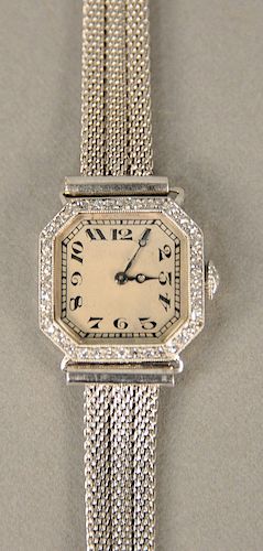 Platinum American Watch Co. ladies wristwatch with 14 karat white gold mesh bracelet, 18 jewels, dial with surround. lg. 5 3/4 in., ...