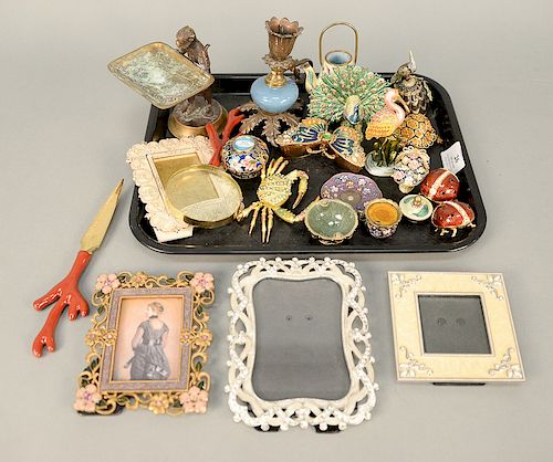 Tray lot with enameled boxes, frames, etc. Provenance: From the Estate of Deborah G. Black of Greenwich, Connecticut