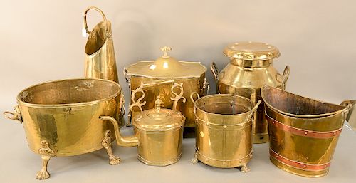 Seven piece brass lot to include milk can, tea pot, buckets, etc. ht. 11 1/2 in. to 24 1/2 in. Provenance: An Estate from Farmington...