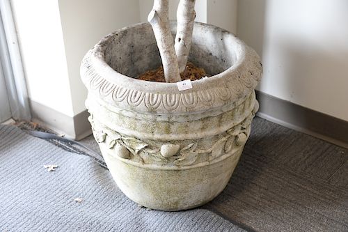 Pair of large Nina Studio cement planters with fruit vine. ht. 19 in., dia. 21 in. Provenance: From the Estate of Deborah G. Black of Greenwich, Conne