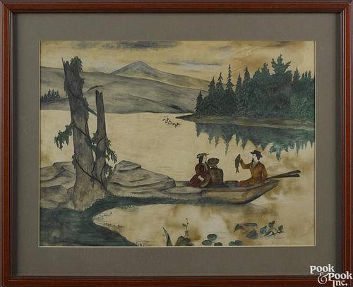 American primitive watercolor river landscape, 19th c., with figures fishing, 13'' x 17 1/4''.