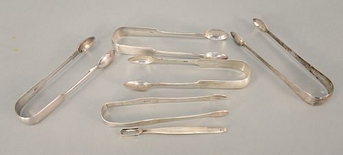 Six piece lot to include five sets of tongs. 7.4 troy ounces