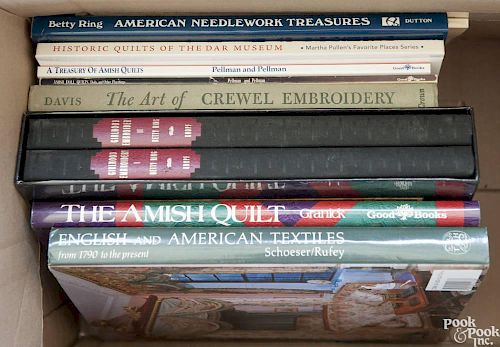 Antique reference books pertaining to textiles, to include Girlhood Embroidery and eight others.