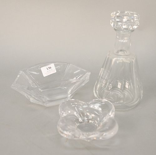 Three Baccarat crystal pieces including decanter (ht. 9 in.) and two bowls (ht. 2 1/2 in. & 2 in.). Provenance: An Estate from Farmi...