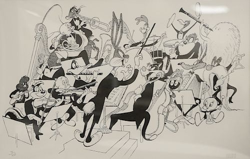 Al Hirschfeld, lithograph, Warner Brothers "Orchestra Pit" 1994, pencil signed and numbered 76/350. 15 1/2" x 23 1/2"