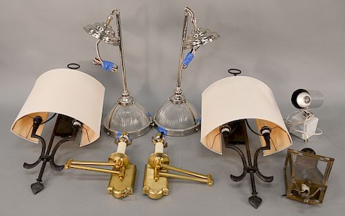 Lighting group to include brass floor teepee floor lamp (max ht. 52 in.), four sconces, and two hanging lamps. Provenance: An Estate...
