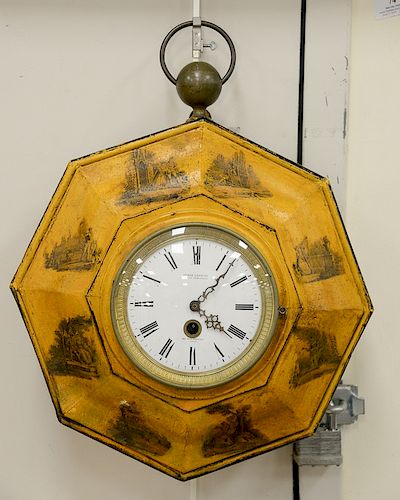 French tole clock, Henry Lepaute 146 Rue De Rivoli Paris, paint decorated with brass top. lg. 19 in. Provenance: An Estate from Farm...