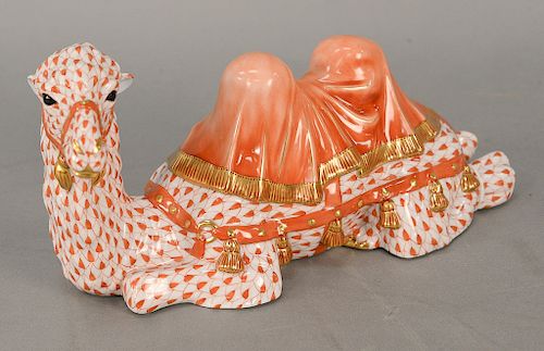 Large Herend camel with rust red fishnet and gilt gold decoration, marked Herend Hungary Handpainted Kingdom Classic 1999. ht. 5 in....