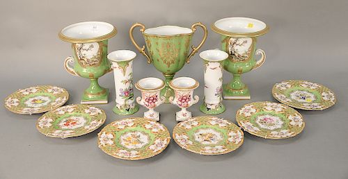 Thirteen Chelsea House porcelain pieces plus set of six plates (ht. 11 3/4 in.), pair of small urns (ht. 5 3/4 in.), and large gilt ...
