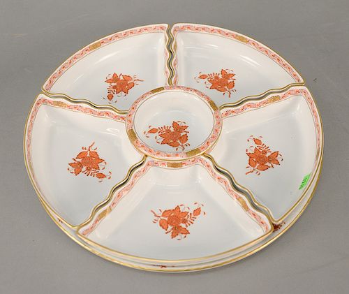 Seven piece Herend porcelain center dish, hors d'oeuvre tray marked Herend Hungary. dia. 14 1/2 in. Provenance: From the Estate of D...
