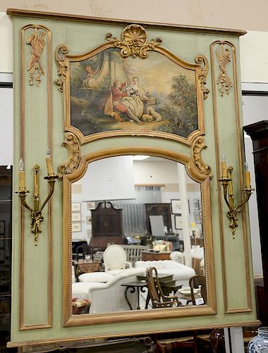 Louis XVI style painted wood trumeau mirror, painted scene of a country couple and mounted with a pair of gilt-brass two-light sconc...