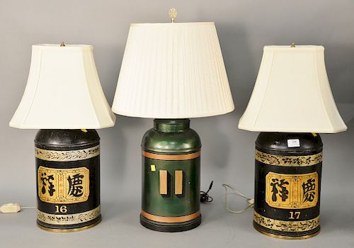 Three told lamps to include Oriental pair of black lamps with painted character (ht. 26 1/2 in.) and a green painted lamp (ht. 32 in...