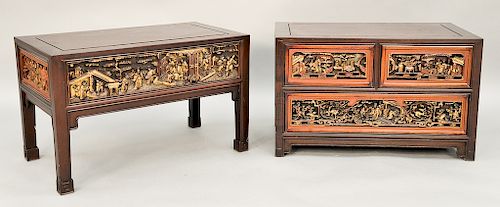 Two Chinese tables, one with three carved drawers, one with one end drawer and carved side. ht. 20 in., top: 18" x 32"