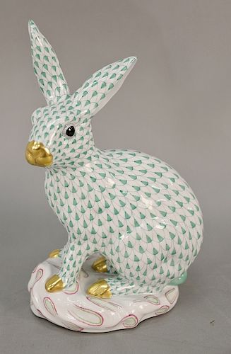 Large Herend rabbit with green fishnet pattern, gold gilt nose and paws on base marked Herend Hungary Handpainted 5334. ht. 11 3/4 i...