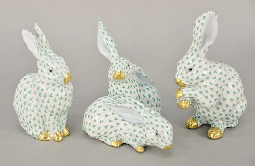 Group of three large Herend rabbit figurines in green fishnet including double figure #5269, cleaning paws #15307, and seated #5327,...