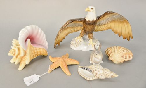 Group of six Herend porcelain figurines Kingdom Classic eagle figure 15810, conch shell 15574 (lg. 7 in.), starfish, small rabbit, s...