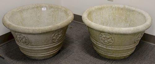 Pair of cement planters with leaf roset decor. ht. 14 in., dia. 24 in. Provenance: From the Estate of Deborah G. Black of Greenwich, Connecticut