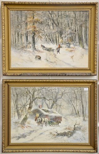 Pair Hugo Anton Fisher (1854-1916), watercolor, winter landscapes, one with horse drawn carriage and the other gathering wood, signe...