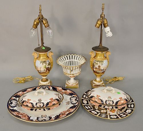 Seven piece porcelain group to include four pieces of Royal Crown Derby large tray, pair of covered tureens, and charger (dia. 14 in...