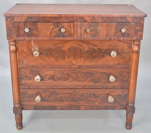 Sheraton mahogany two over three drawer chest, circa 1840. ht. 43 in., wd. 43 1/4 in.