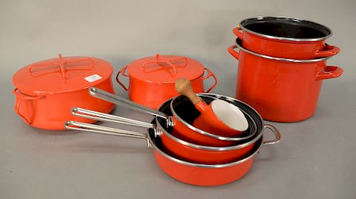 Eleven piece lot of red enameled pots and pans, three marked Dansk France, three copper pots, etc. Provenance: An Estate from Farmin...