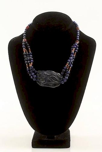 Lapis Lazuli Beaded & Carved Frog Motif Necklace