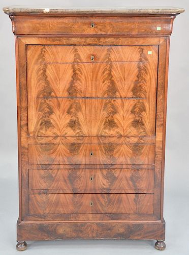 Mahogany secretaire abattant having marble top, circa 1850. ht. 58 1/2 in., wd. 40 1/2 in.