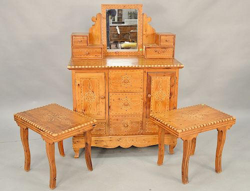 Three piece lot to include inlaid chest with mirror (ht. 55 in., wd. 40 in.) and two small tables (ht. 20 in.).