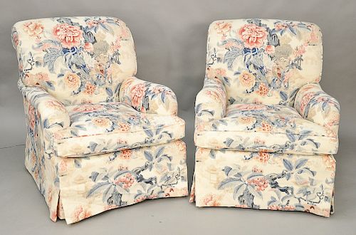 Pair of upholstered club chairs. ht. 35 in., wd. 30 in. Provenance: From the Estate of Deborah G. Black of Greenwich, Connecticut