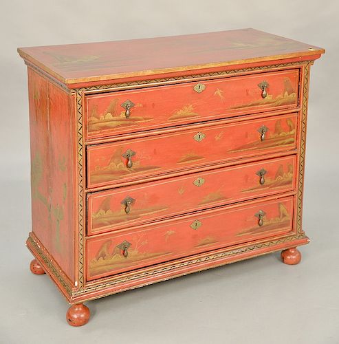 Chinoiserie decorated four drawer chest. ht. 36 in., top: 20 1/2" x 42 1/2" Provenance: An Estate from Farmington, Connecticut