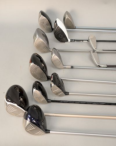 Lot of twelve golf clubs to include Callaway F-79 driver, Callaway Big Bertha 460 driver, RBZ stage 2 driver, etc.