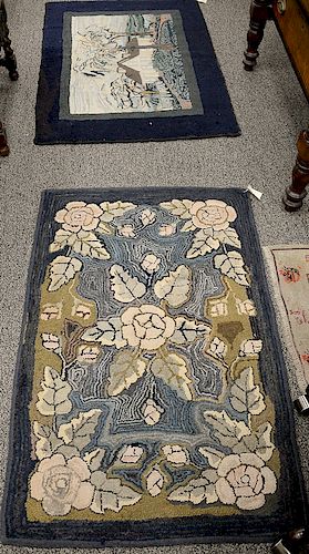 Three early hooked throw rugs. 3'4" x 5', 2'7" x 4', and 2' x 4'4"