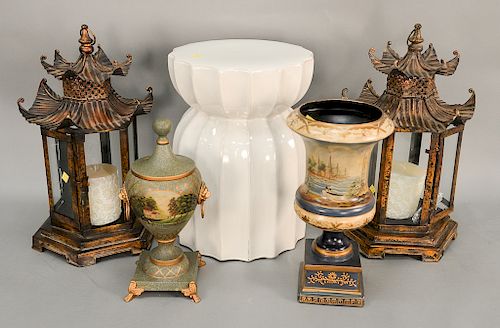 Five piece group to include a pair of Oriental temple form hanging candle lights, two urns, and white ceramic garden seat. Provenanc...