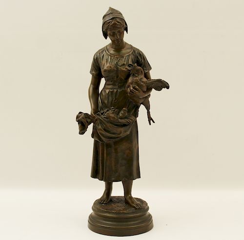 BARYE, SIGNED FRENCH BRONZE  GIRL W/CHICKENS
