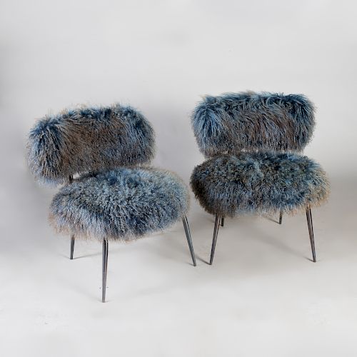Pair of Modern Sheepskin Upholstered Chrome Side Chairs