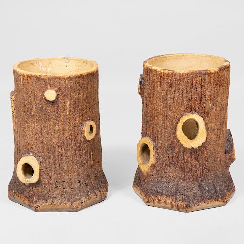 Pair of French Glazed Pottery Tree Trunk Form Planters
