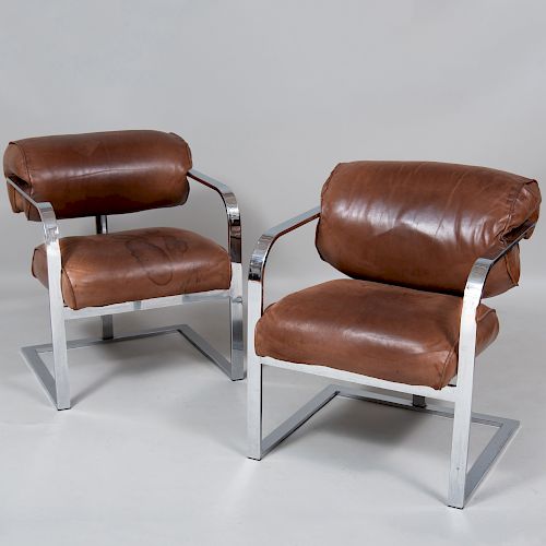 Pair of Italian Chrome and Leather Armchairs