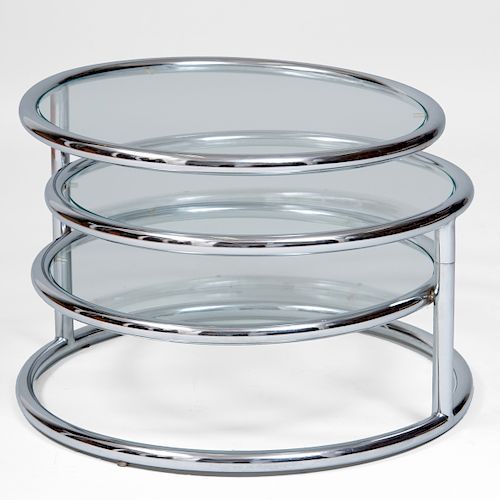 Mid-Century Modern Chrome and Glass Three-Tier Circular Adjustable Coffee Table