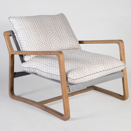 Modern Stained Oak and Wool Upholstered Lounge Chair