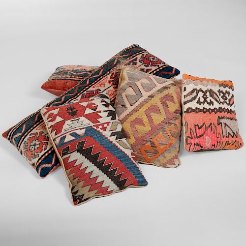 Group of Five Pillows Covered in Carpet Fragments