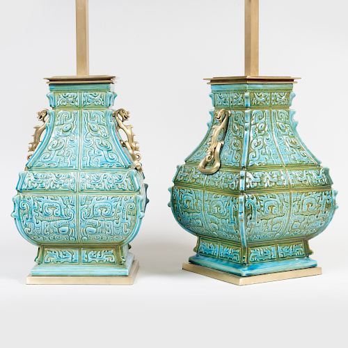 Pair of Tony Duquette Style Brass-Mounted Porcelain Turquoise Glazed Lamps Decorated in the Asian Taste
