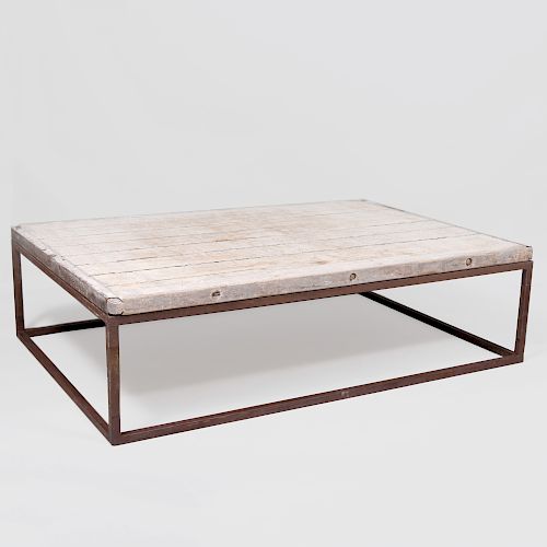 Modern Wrought-Iron and Pickled Wood Low Table