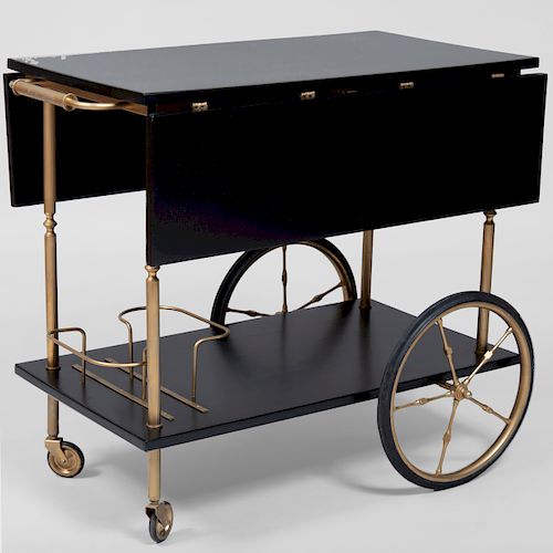  Brass and Lacquer Ebonized Drop Leaf Bar Cart, in the Manner of Maison Jansen