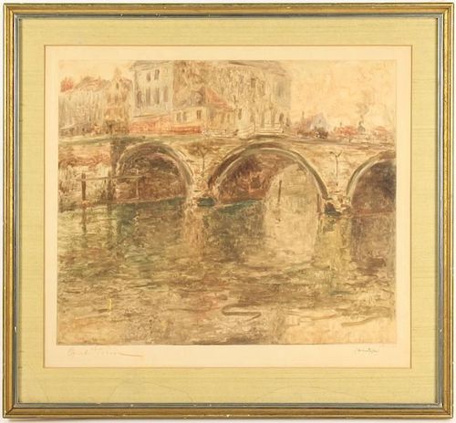 Oswald Poreau, "View of Bridge Over Water", Signed