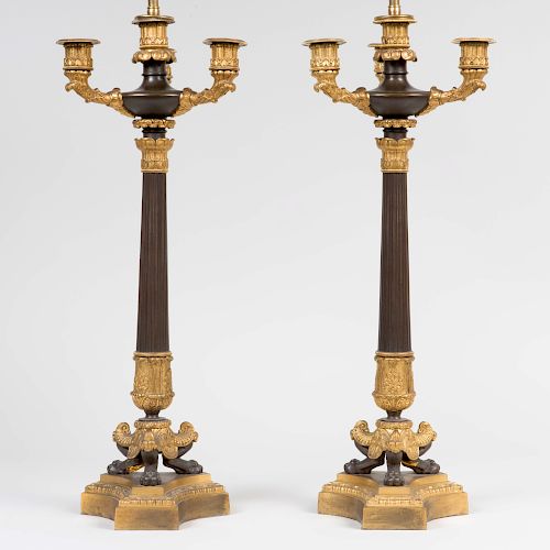 Pair of French Empire Parcel-Gilt-Bronze Candelabra Lamps