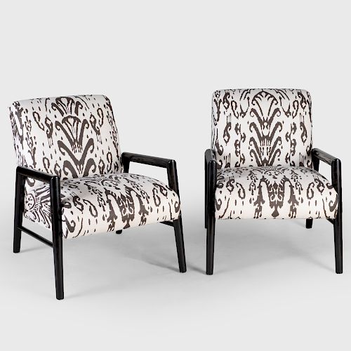 Pair of Ebonized Wood and Ikat Fabric Upholstered Arm Chairs