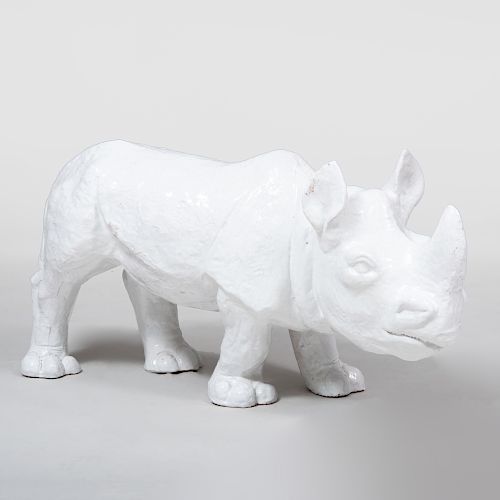 Large White Glazed Pottery Rhino