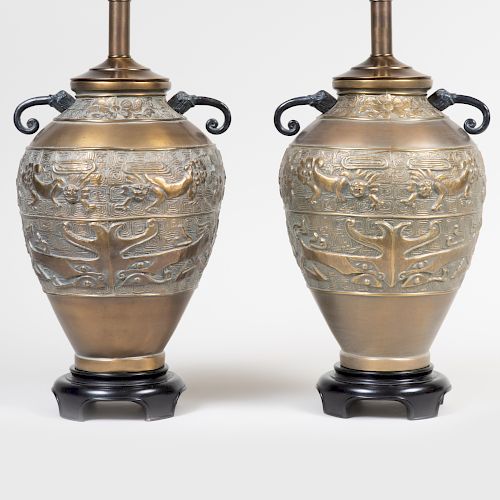 Pair of Cast Brass Lamps Decorated in the Asian Taste